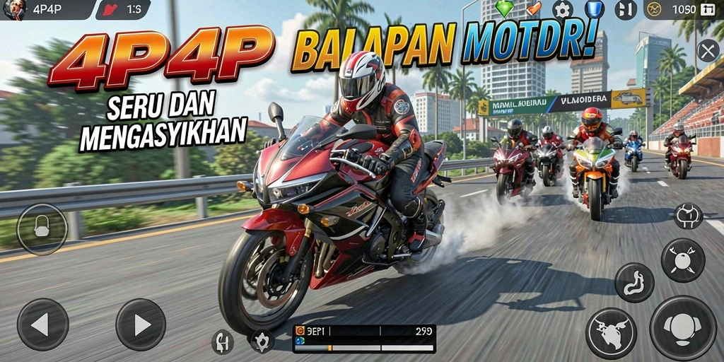 Screenshot gameplay 4P4P dengan balapan motor yang mendebarkan.