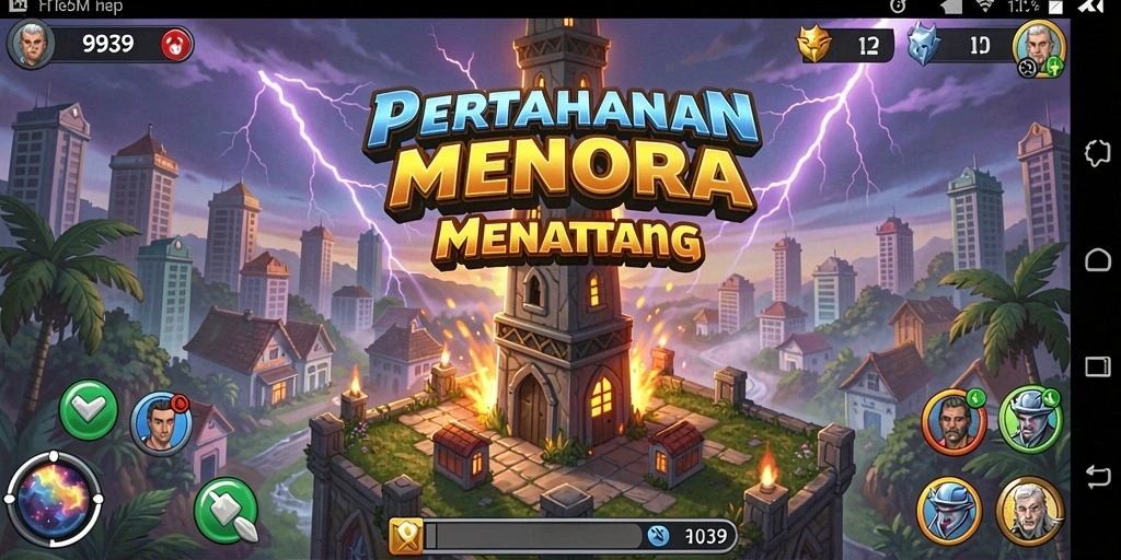 Screenshot gameplay 9939 menampilkan menara yang beraksi melawan gelombang musuh.