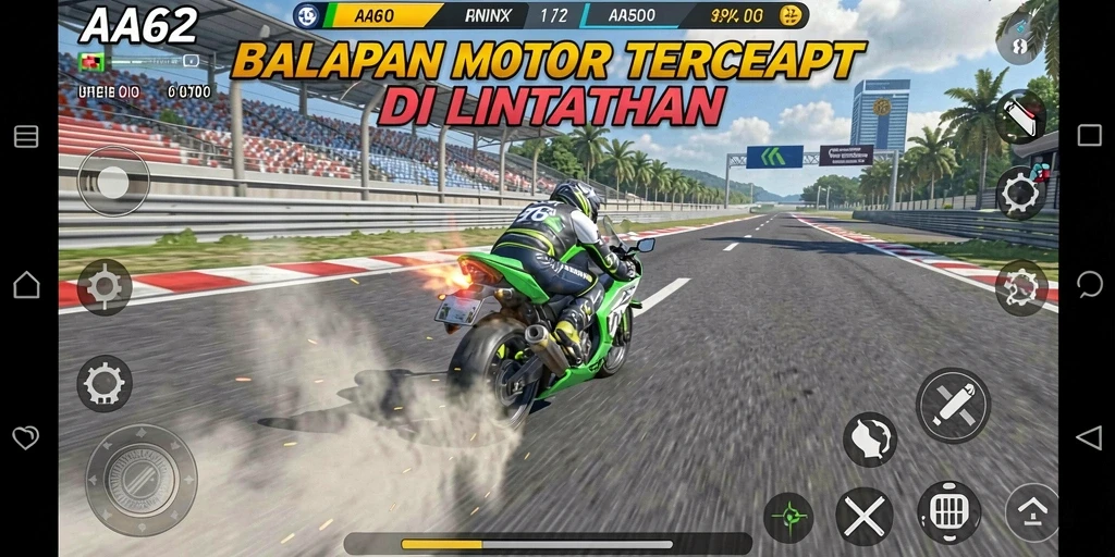 Screenshot dari gameplay balapan motor yang mendebarkan di AA62.