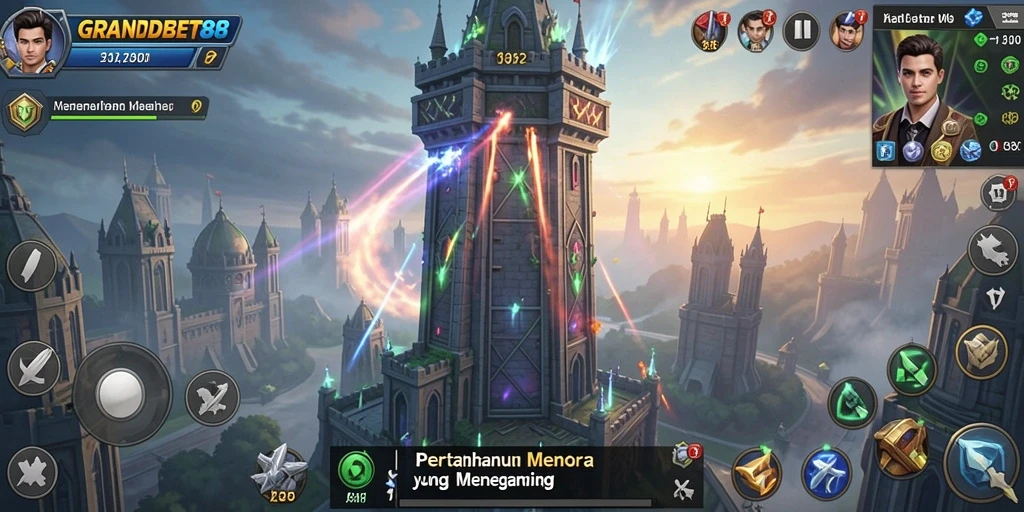 Tangkapan layar menampilkan aksi menara mempertahankan dari serangan musuh di GRANDBET88.
