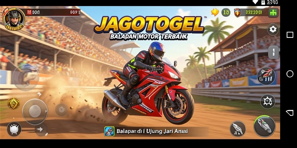 Tampilan gameplay seru di JAGOTOGEL dengan balapan motor yang cepat.