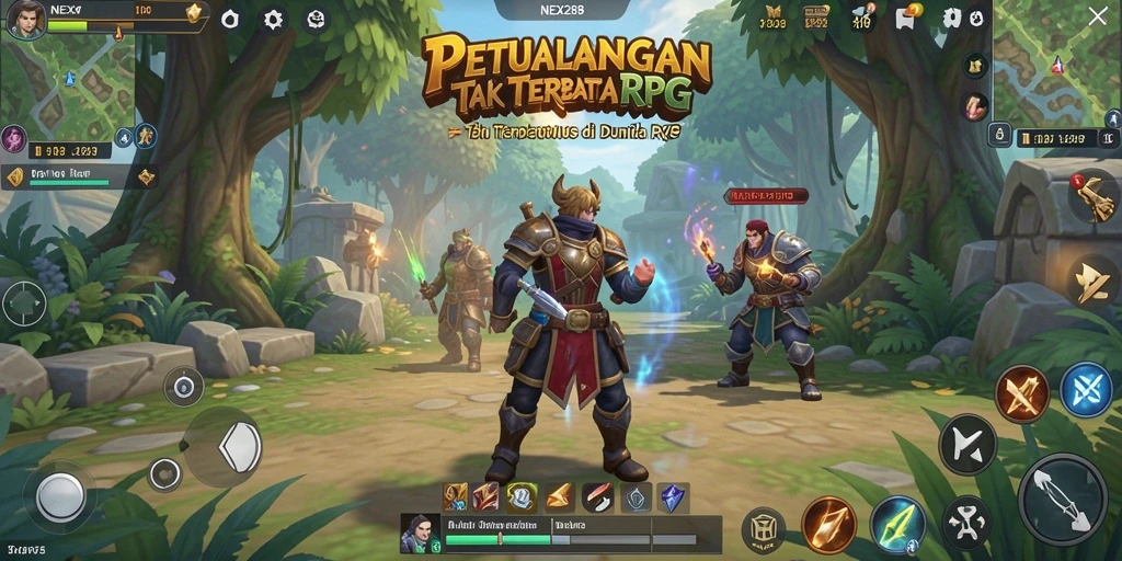 Tangkapan layar gameplay NEX288 menampilkan pertarungan epik dan eksplorasi dunia RPG.