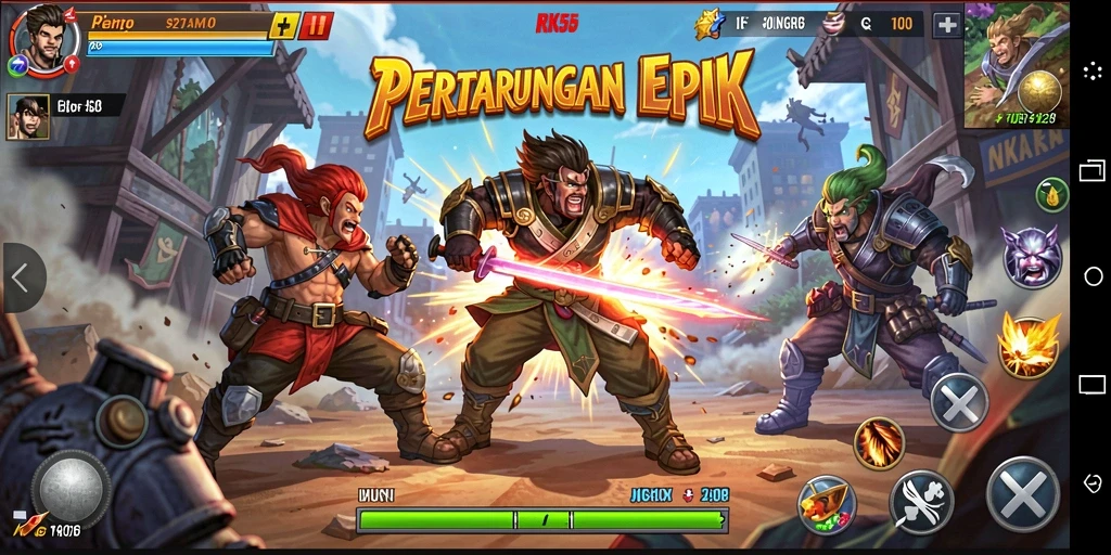 Gameplay RK55 dengan pertarungan karakter yang dinamis dan menarik.
