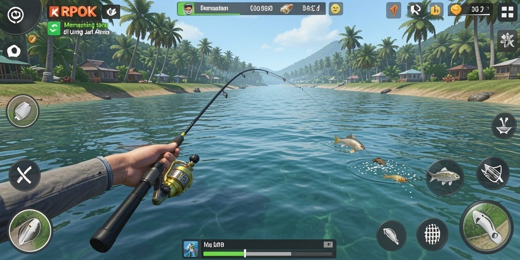 Screenshot gameplay RPOK menampilkan suasana memancing yang seru.