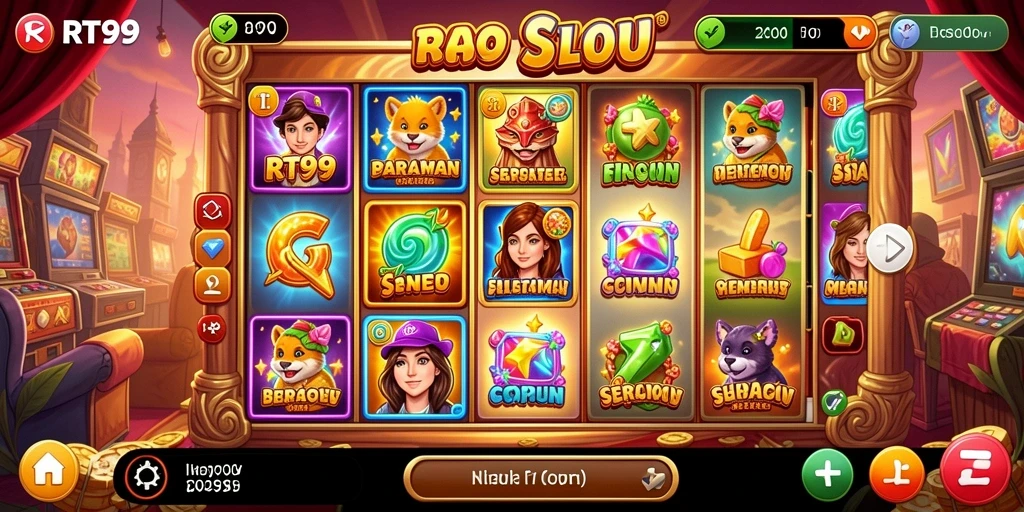 Screenshot gameplay RT99 menampilkan mesin slot yang memukau.