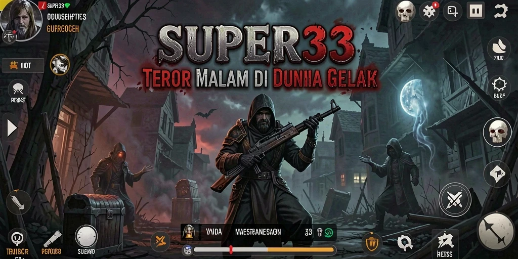 Screenshot gameplay SUPER33 dengan suasana mencekam.