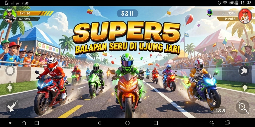 Tampilan gameplay SUPER5 dengan aksi balapan mendebarkan.