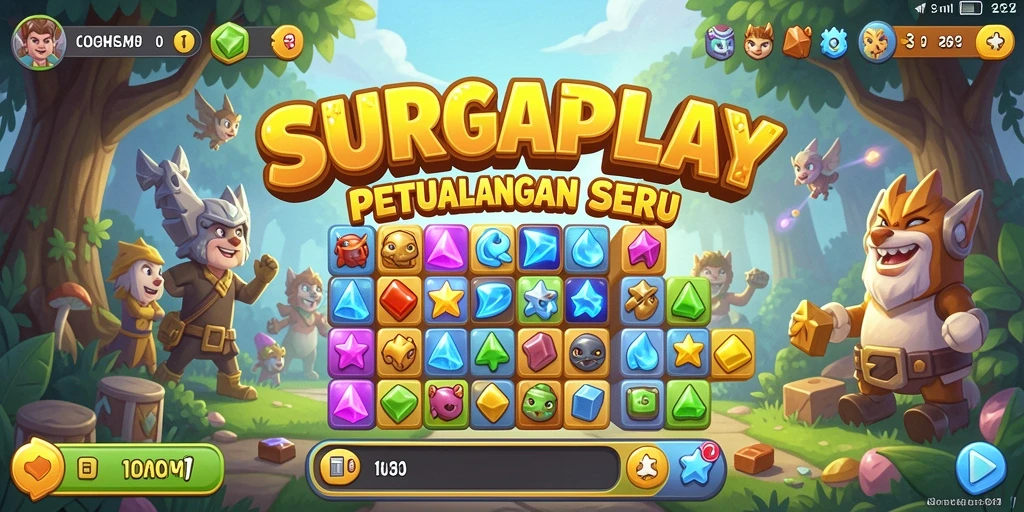 Screenshot gameplay SURGAPLAY dengan kombinasi perhiasan warna-warni.
