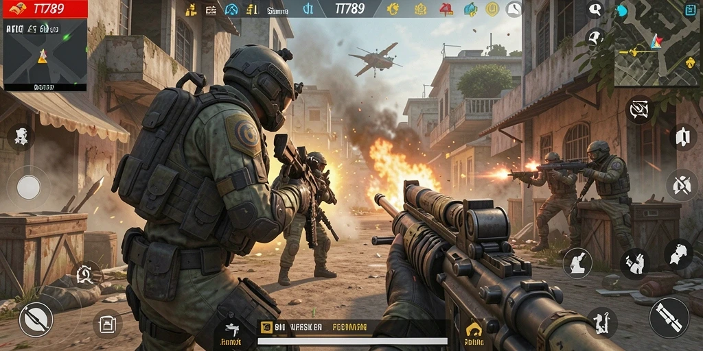 Screenshot utama TT789 menunjukkan aksi intens dalam gameplay FPS.